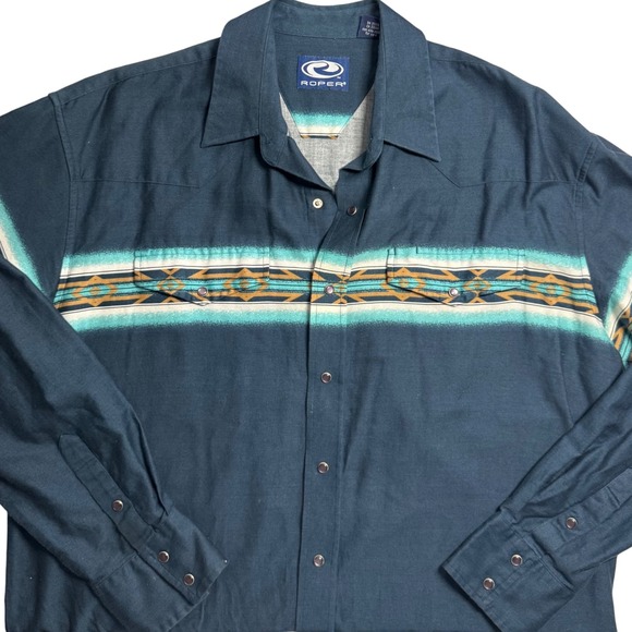 Roper Western Shirt Aztec Turquoise Long Sleeve Button Up Pearl Snap Mens Large - Picture 1 of 8